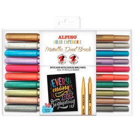 Alpino 10 Metallic Colour Markers with Double Brush, Bright Markers, Long Duration and Resilience, Variety of Colours, Creativity Without Limits, Introduction to Drawing