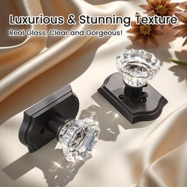 KNOBWELL Glass Door Knobs Interior, Vintage Privacy Crystal Door Knobs for Bedroom &Bathroom, Oil Rubbed Bronze Door Locksets, Push Pin Button Inside Lock, 3 Pack