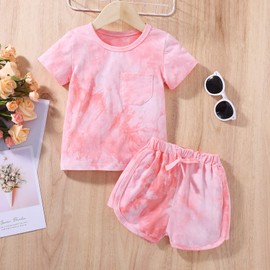 Aruzig Toddler Baby Girl Tie dye Outfit Kids Short SleeveT-Shirt and Shorts 2Pcs Summer Clothes Set for Girls (Pink White, 5-6 Years)