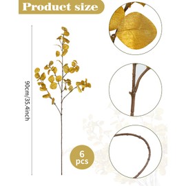 6PCS 35.4" Eucalyptus Stems, Gold Faux Silver Dollar Stems, Artificial Lifelike Eucalyptus Branches forWedding Centerpieces, Christmas Thanksgiving Decor