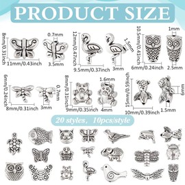 PH PandaHall 200PCS 20 Styles Tibetan Silver Beads Metal Spacer Beads Alloy Butterfly Owl Bird Dragonfly Bees Beads Charms Animal Loose Spacer Beads for DIY Women Jewelry Crafts Making Supplies