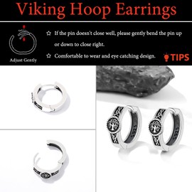 Black Viking Hoop Earrings for Men Women Huggie Hollow Carved Rune Earrings with Tree of Life 925 Sterling Silver Jewelry Gift for Him
