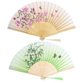 Bantoye 2 Pieces Handheld Fans Silk Folding with Frames for Dancing Cosplay Wedding Party Props Decoration, Brown Green, Floral
