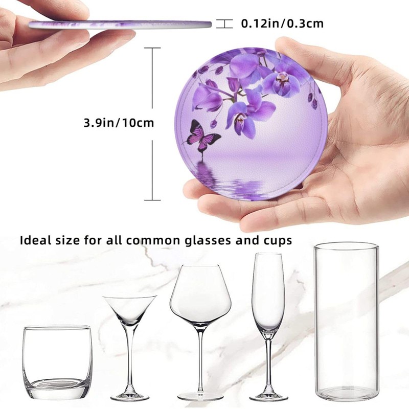 Famame 6 Pcs Orchid Purple Butterfly Leather Coasters for Drinks