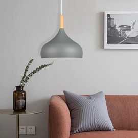 iDEGU Retro Pendant Ceiling Lights 24CM Modern Scandinavian Style Pendant Lampshade E27 Ceiling Light Fixture in Metal Wood Pendant Lamp for Bedroom, Dining Room, Kitchen, Living Room (Grey)