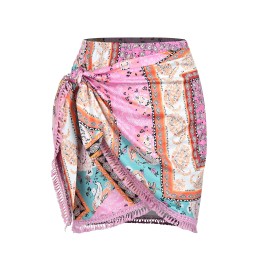ZAFUL Slit Skirt for Women Boho Print Tie Side Wrap Tassel Casual Beach Mini SkirtColor: boho-Pink, Size: L
