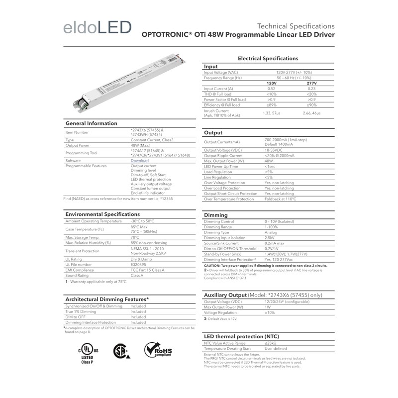 eldoLED | *2743WH Oti48/120-277/2A0/DIM-1L G2 | LED Driver | Replacement