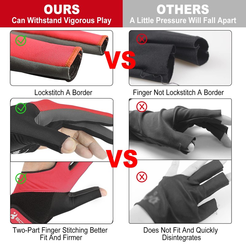 Billiard Pool Gloves for Left Hand 3 Finger, Splicing Process,