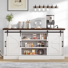 DWVO 63'' Buffet Storage Cabinet, 32'' Tall Farmhouse Sideboard Cabinet with Power Outlets and Sliding Doors, Large Coffee Bar Cabinets for Kitchen, Living Room, White/Brown