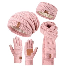 Womens Winter Beanie Hat Scarf Gloves Headband Set, Slouchy Beanie Ear Warmer with Fleece Lined Thick Knit Neck Scarf Touchscreen Gloves, 4 Piece Fashionable Warm Gift Set for Cold Weather(Pink)