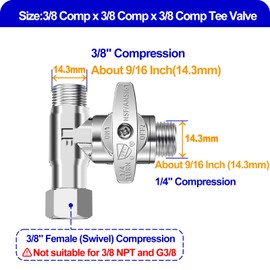 Tee Stop Valve - Lead-Free Add-A-Tee Valve 3/8 Inch x 3/8 Inch x 3/8 Inch,1/4 Turn Brass Extender Tee Connector with Built-in Sealing Gasket for Faucet,Glass Rinser,Dishwasher,Washing Machine