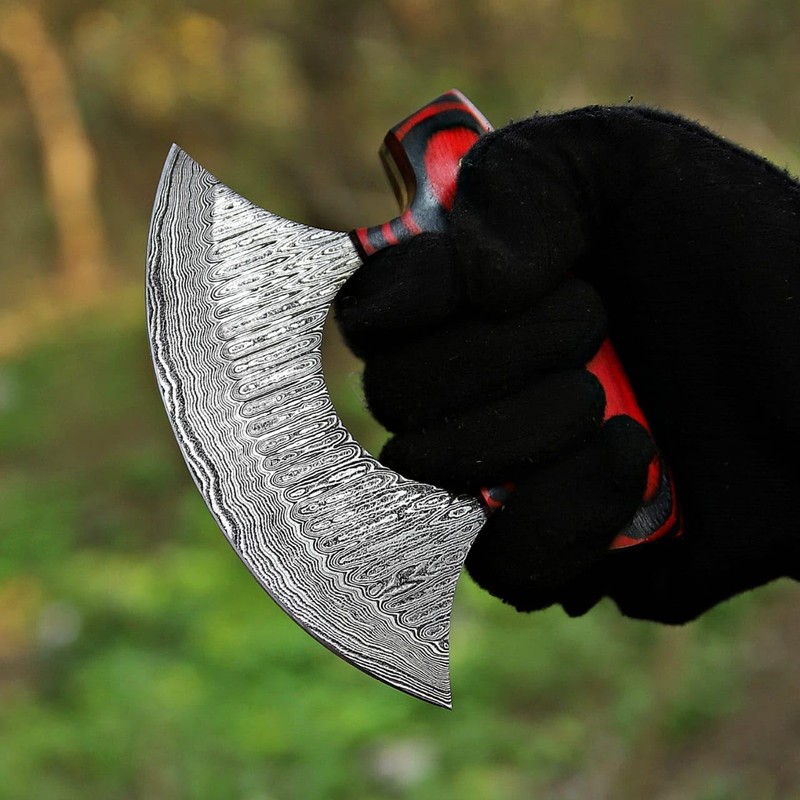 ZN CRAFTS Handcrafted Damascus Steel Alaskan Ulu Knife wisth Leather