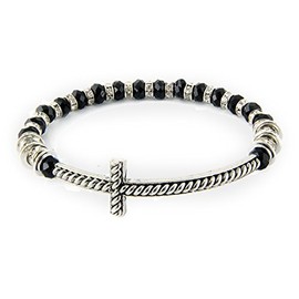 4031425 Beaded Cross Stretch Bracelet Black Beads Rhinestones Christian Fashion