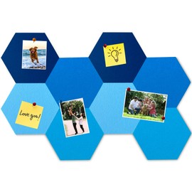 HULAVO 8Pcs Hexagon Felt Cork Board Tiles, Self Adhesive DIY Bulletin Board Pin Board for Office School Home Wall Decor Stickers Memos Photos Display (Gradual Blue)