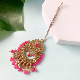 I Jewels Womens 18K Gold Plated Traditional Kundan & Pearl Studded Maang Tikka (T4001Q) Pink