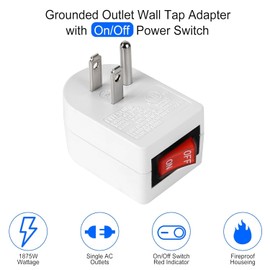VSEER Grounded Outlet with ON/Off Switch (6 Pack), Single Power Adapter Outlet Switch 15A 1875W/3 Prong Plug in White, ETL Listed