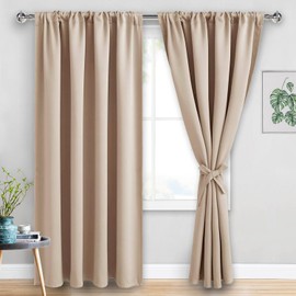 JIUZHEN Blackout Curtains for Bedroom - Thermal Insulated Room Darkening Rod Pocket Curtains for Living Room, Set of 2 Panels with Tiebacks, 70 x 96 Inch Length, Beige