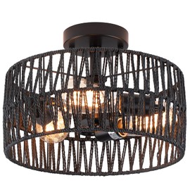 Hchunqjor 3-Light Coastal Black Woven Flush Mount Light Fixture Rustic Industrial Hemp Rope Flush Mount Ceiling Light for Hallway Bedroom Kitchen Entryway Farmhouse Living Room, Black