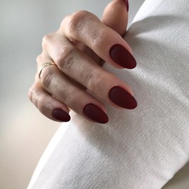 Matte Burgundy Red Press on Nails Short Oval Acrylic Nails Press on Solid Color Medium Short Oval Fake Nails for Women Reusable Thick Round Nails Glue on Medium Almond Nails Soft Gel False Nails 24Pcs