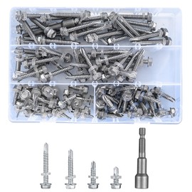 101 Pcs Stainless Steel Self Drilling Hex Head Screws, Metal Sheet Tek Screws Assortment Kit Set with Drill Point and Gasket, Roofing Screws with Hex Socket - M6.3*(23mm/30mm/36mm/55mm)