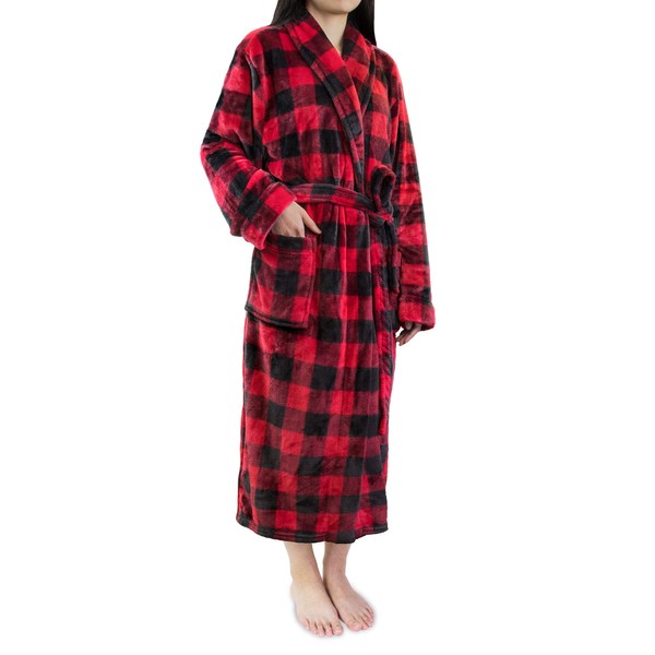 PAVILIA Plush Robe For Women | Buffalo Plaid Red Black Fluffy Soft Bathrobe | Luxurious Fuzzy Warm Spa Robe, Cozy Fleece Long Robe | Large-X-Large