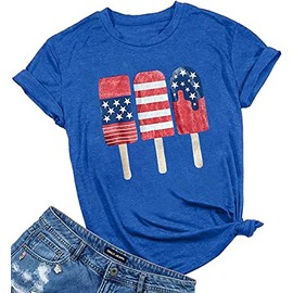 Woffccrd Womens American Flag Popsicle T-Shirts Tops 4th of July Patriotic Funny Graphic Tees (XX-Large, Blue)