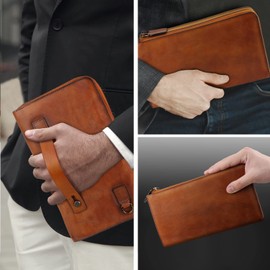 LETEULO Men's Leather Wristlet Clutch Bag Vintage Wristlet Business Handbag Coin Money Pouch with Multiple Compartments, brown
