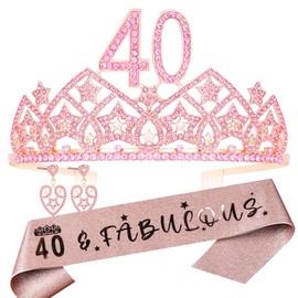HnoonZ 40th Birthday Gift for Women,40th Birthday Tiara,40 and Fabulous Sash,40th Birthday Crown and Sash, Birthday Gift for 40 Year Old Woman,40th Birthday Decoration for Women,40th Birthday Favor