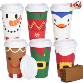 JOYIN 24 PCS Merry Christmas Disposable Paper Cups with Sleeves and Lids, 6 Designs Xmas Drinkware 16 oz Cups, Snowflake Santa Elk Cups for Hot Coffee Cold Beverage Holiday Tableware Supplies Favors