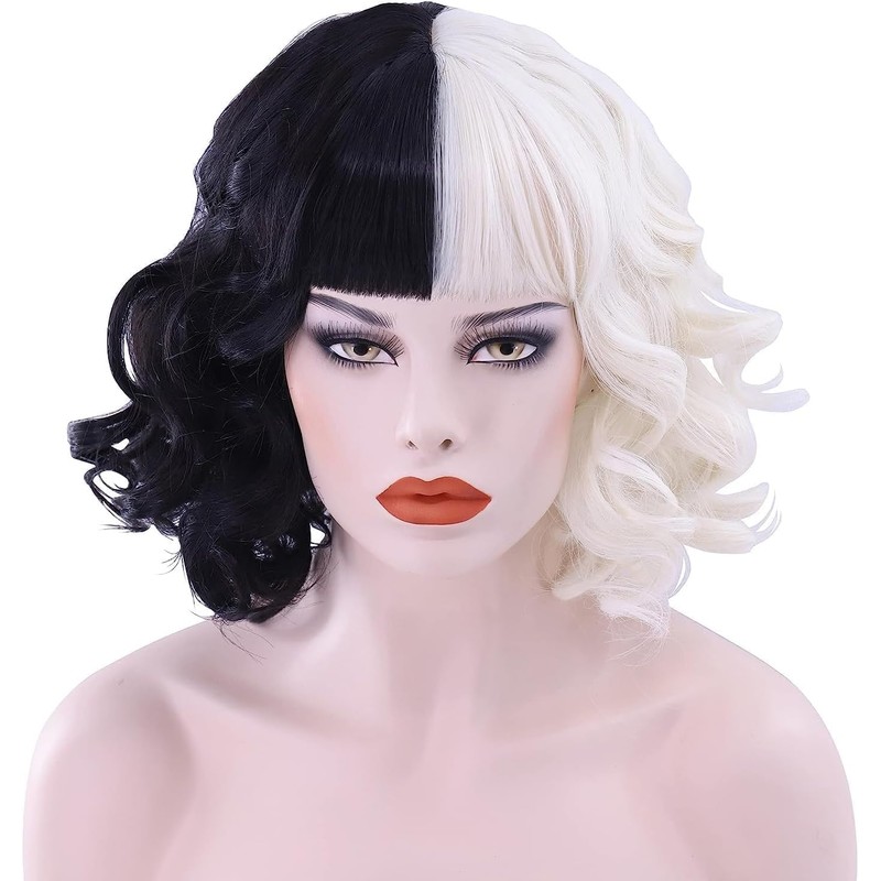 Peluca Negra y Blanca, Disfraces de Halloween Mujer, Peluca Halloween
