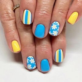 Press on Nails Yellow-Blue Chrysanthemum False Nails Artificial Acrylic Coffin Nails Reusable Glue on Nails DIY Stick on Nails for Women 24Pcs