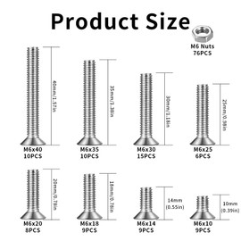 152 Pcs M6 Bolts Set, Countersunk Head Bolts and Nuts Set, Flat Head Screws Nuts and Bolts Set, Stainless Steel Cross Head Machine Screws Bolts and Nuts Assortment Kit, Phillips Countersunk Bolts Set