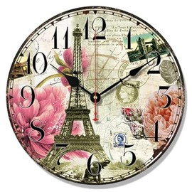 Telisha Wooden Wall Clock Paris French Eiffel Tower Pink Flower Clock Retro Vintage Large Clock Home Decorative Country Non -Ticking Silent Quiet 14 Inch Gift