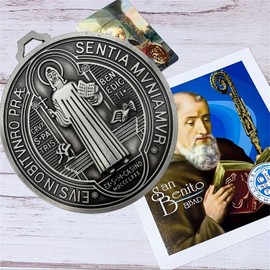 EXTRA LARGE 5 INCH ST BENEDICT CROSS MEDAL VINTAGE BRASS TONE FINISH FOR WALL OR DESK DISPLAY/MEDALLA DE SAN BENITO (Silver)