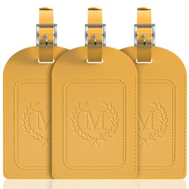 FESAS 3 Pack A-Z Alphabet Luggage Tags - Faux Leather Suitcase Tags with Privacy Cover & Replaceable Card - Initial Letter Monogram for Bags (Yellow)
