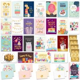 Decorably 24 Gold Foiled Blank Birthday Cards with Envelopes & Stickers - 24 Designs Blank Inside Pack of Birthday Cards Blank, 4x6in Birthday Cards Set, Pack of Birthday Cards with Envelopes