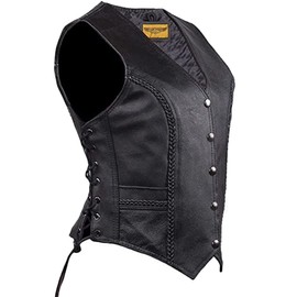 Dream Apparel Womens Black Leather Motorcycle Vest for Riding W/Concealed Carry Pockets, Biker Vest Club Vest W/Side Laces