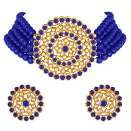 I Jewels Womens 18K Gold Plated Indian Light Weight Beaded Choker Set Glided With Moti Work (Ml239Bl) Blue