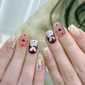 Easter Press on Nails Short Square Fake Nails Full Cover Stick on Nails Glitter False Nails with Bunny Designs Cute Acrylic Nails Rabbit Glue on Nails Glossy Artificial Nails for Women and Girls