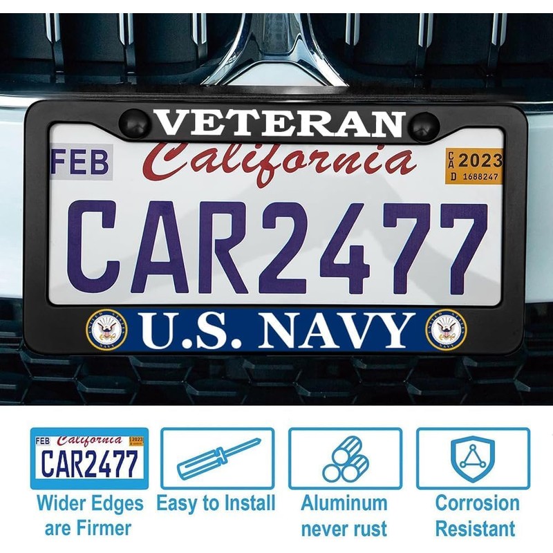 2 Pcs Veteran License Plate Frame for U.S. Navy,Black Matte
