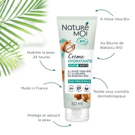 Naturé moi - Feuchtigkeitscreme für das Gesicht, für alle Hauttypen, Tag- und Nachtpflege, Aloe Vera, Butter, Babassu, Bio, feuchtigkeitsspendend, nährt, biologisch zertifiziert, 50 ml, hergestellt in