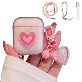 ChouXiLin Compatible with AirPods 1st & 2nd Gen Transparent Silicone Case, Cute Pink Heart Design with Adjustable Lanyard Keychain, Travel-Friendly Protective Cover for Women & Men