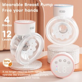 Hands-Free Breast Pump EB29 Pink, Wearable Pump with Comfortable Double-Sealed Flange(19mm 24mm 27mm), Painless & Silent, 4 Modes & 12 Levels Memory Function for Easy Pumping, Smart Display