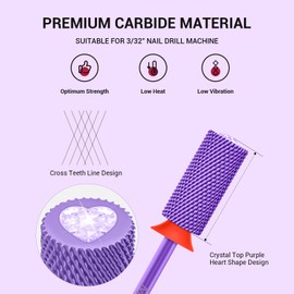 MelodySusie Large Barrel 3/32'' Tungsten Carbide Nail Drill Bit, Crystal Top Purple Heart Shape, Fast Remove Acrylic Gel, Cuticle Gel Polishing for Manicure Pedicure, Purple, Series Bit-S, Fine