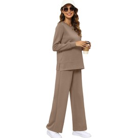 XIEERDUO Two Piece Lounge Sets for Women Plus Size Travel Outfits Long Sleeve Tracksuit Wide Leg Loungewear Warm Cozy Winter Sweatsuit Coffe 3XL