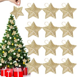 12 Piece Christmas Decoration Set, Sparkling Christmas Tree Decoration, Golden Christmas Pendant, 5 x 5 cm Christmas Tree Decorations - Three-Dimensional Stars, for Party, Fireplaces, Windows, Table
