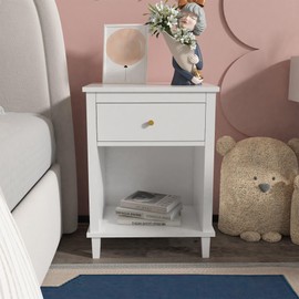 Nightstand with Drawer, 26.77''H Wooden Nightstand with Drawer & Open Storage Shelf, White Wooden Bedside Table End Table for Bedroom & Small Spaces, End Table/Nightstand/Bedside Table for Kids Adults