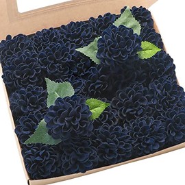 Floroom - Flores artificiales de dalia de aspecto real, 25 rosas falsas de espuma azul marino con tallos para bricolaje, ramos de boda, despedida de soltera, centros de mesa, arreglos florales, mesas de fiesta, decoración del hogar