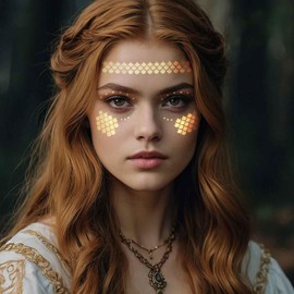 12 Sheets Gold Face Temporary Tattoo Sticker, Glitter Metallic Face Tattoo Stickers, Face Gold Temporary Transfer Tattoo Party Decor Freckle Sticker for Women Girls（Gold Face Stickers）650