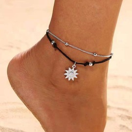 Wendalern Boho Layered Sun Anklet Silver Satellite Ankle Bracelets Black Woven Rope Beach Anklet Braided Wrap Anklet Jewellery for Women and Girls, Metal